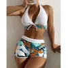 Maillots de bain pour femmes Sexy Bikini Push Up Bikinis Femmes Halter Maillot de bain 2 pièces Plage Patchwork Taille haute Maillots de bain W / Shorts