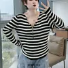 Women's T Shirts Plus Size 6XL 150kg Autumn Women Harajuku Striped T-shirt Long Sleeve Zipper Neck Korean Casual Oversized Shirt Tops