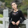 Etnische Kleding 2024 Lente En Herfst Chinese Vintage Nationale Stijl Vrouwen Ronde Kraag Geborduurd Modaal Lange Mouw Blouse Shirt T001