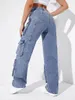 Calça jeans feminina estilo cargo, perna reta, jeans pesado, bolsos laterais, baggy y2k