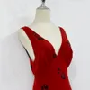 Vestido feminino marca de moda dos EUA seda vermelho floral estampado sem mangas vestido longo deslizante