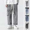 Jeans pour hommes Pantalons en denim à jambes larges droites Cinq poches Hommes d'été avec cordon élastique taille multi pour streetwear