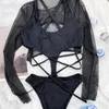 Damen-Badebekleidung, schwarzer Bikini-Set, sexy Badeanzug, Netz-Crop-Top, Langarm, Riemchen, Kreuzausschnitt, Monokini, Damen-Strand-Badeanzug-Outfit