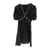 Basic & Casual Dresses designer brand Miu Miao Black Short sleeved Dress with Wooden Ear Edge Printed V-neck for Slim Appearance in Chiffon Skirt Summer New 09U0