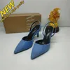 Billig butik 90% rabatt i grossist ZA 2024 Summer Womens Shoes Blue Denim pekade High Heel Slim Sandals Wrapped Back Hollow Muller