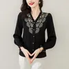 Damesblouses Sexy Borduren Zwart Shirt Voor Vrouwen Elegante V-hals Lange Mouw Mode Zijden Blouse 2024 Lente Vrouwelijke Stijl Tops