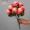 Faux Floral Greenery Rose bouquet artificial pink red flower wedding decoration 9-head silk flower fake rose home decoration Y240322
