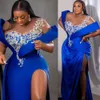 Aso Ebi Royal Arabic Blue Prom Dress Lace Satin Sexy Evening Formal Party Second Reception Birthday Engagement Gowns Dresses Robe De Soiree es