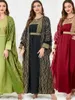 Vêtements ethniques Moyen-Orient Indonésie Femmes Col rond Broderie Bronzage Ceinture Robe à manches longues Cardigan Robe Ensemble deux pièces