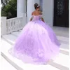 Suknia balowa liliowego tiulowego sukienki Quinceanera Sukienki koronkowe Kryształy Kościk z frędzl