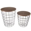 Lavish Home, Brown, End Storage Nested Steel Wire Basket Base and Wooden Top - Industrial Farmhouse Style Side Table, 2-piece Set, (length) 33.02cm (width)