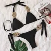 Kadın Mayo Lüks Seksi Bikini Bandage Mayo El Yapımı Dekor Katı Yüzme Takım Kadın Bikinis Seti Kadın Yular Beach Giyim