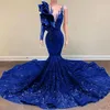 Sparkly Royal Blue Prom Dress 2024 Luxury One Shoulder Sequin African Black Girls Women Formal Prom Birthday Gown Robe de Soiree