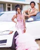 Pale Pink Sparkly Long Evening Ceremony Formal Dresses for Black Girl Ruffles Luxury Crystal Prom Birthday Gown See Through