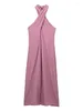 Casual Dresses 2024 Bazaleas Store Traf Women's Cute Pink Halter Neck Linen Maxi Dress Party Elegant Official