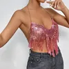 Kvinnors tankar Sexig Deep V Neck Metal Chainmail Crop Top Pink Fringe Backless grimma