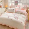 Kawaii Princess Bedding Set with White Ruffles Korean Style Girls Single Full Duvet Cover No Filling Flat Sheet Pillowcases Kit 240318