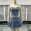 2024 Summer Denim Skirt Sets Fashion Jeans 2 Piece Set Women Sexy Sleeveless Bra Top And High Waist Split Mini Skirts For Girls Outfits