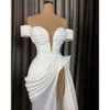 Evening Sexy White Dresses Long Off Shoulder Satin with High Slit Arabic African Women Formal Party Gowns Prom Dress