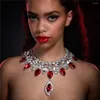 Pendant Necklaces Woman Red Multi Row Rhinestone Water Drop Choker Necklace Collar Jewelry For Girl Luxury Crystal Clavicle Chain