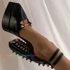 Dress Shoes Metal Rivet Platform Pumps Pointy Toe Chunky High Heels Buckles Strap Women Sexy Pink Sandals Spring Party Designer Runway