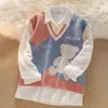 Mignon ours imprimé col en V sans manches Style Preppy tricoté pull gilet coréen automne hiver lâche Argyle pull 240304