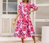 Casual Dresses Women's Dress 2024 Spring Lantern Sleeves V-Neck Bohemian Flower Print High midje Slim Fit Maxi A-line kjol