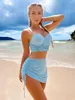 Kvinnors badkläder Sexig underwire bikini Set Women Solid Blue Pleate Push Up Padded 3 -Piece Swimsuit 2024 Baddräkt Kjol Hög midja