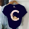 Camiseta feminina feminina azul escuro com letras de pequenos animais fofos A-Z menina camiseta Y2k manga curta Harajuku moda camiseta 240323