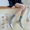 Women Socks Green Vintage Floral Embossment Harajuku Retro Streetwear Crew Sock Ethnic Embroidery Flower Cotton Long Girl