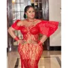 Aso ebi Red Arabic Mermaid Prom Dresses Beaded Sloce Lace Invinging Formal Party Second Recention Birthday Engagement Gowns Dress ZJ