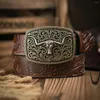 Bälten Western Cowboy Pu Leather Belt - Män midja remmen Bull Decoration Floral Graved Jeans Pantalones Hombre Pasek Spodni Accessori