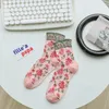 Women Socks Green Vintage Floral Embossment Harajuku Retro Streetwear Crew Sock Ethnic Embroidery Flower Cotton Long Girl