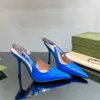 High Heel Dress Shoes Blue Elegant Pointed Slingbacks Lacquer Leather Luxury Designer Heels Casual Metal Chain Decorative Sandals