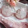 Sexy Set Logirlve Exquisite embroidery lotus pink ultra-thin womens sexy transparent lace underwear bra set 24322