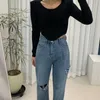 Damenjeans, koreanischer Modestil, hohe Taille, schlank, asymmetrisch, Riss, ausgefranste Kante, gerades Rohr, Boden ziehend, Denim-Hosen für Frauen 2024