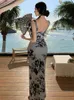 Casual Dresses French 2024 Women's Blue Print Elegant Festival Evening Party Long Dress Summer High Waist Sexy Club Backless Slip Y2k