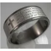 Band Rings 25Pcs Etched Sier Mens English Lords Prayer Stainless Steel Cross Relius Gift Wholesale Jewelry Lots Drop Delivery Dhgarden Dhbcg