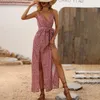 Abiti casual 2024 Abito lungo con stampa a pois Estate Sexy Backless Fasciatura con fessura Beach Prendisole Donna Elegante scollo a V senza maniche