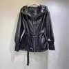 Women's Leather & Faux Leather Designer Triangle decoration belt waist closure zipper hooded leather jacket cardigan versatile and fashionable jacket for women