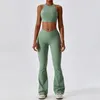 Femmes Compression douce élastique V coupe côtelé danse Flare pantalon et soutien-gorge ensemble couleur unie Gym Fitness Yoga 240307