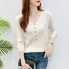 Women's Sweaters 2024 Elegant Solid Color V-neck Spring And Autumn Fashion Versatile Casual Button Up Split Sleeve Loose Knitted Tops