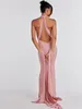 Robes décontractées Mode Dos nu Halter Lace Up Maxi Robe Sexy Slim Hollow Out Hip Package Jupe Solide Élégant Longueur de plancher Femal