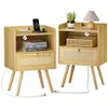 SUPERJARE 2-piece Set, Charging Station and PE Vine Decorative Drawer, Bedside Table with Solid Wood Feet, Tea Table, Bedroom, Living Room - Natural