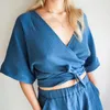 100 bomullskvinnor Retro Tshirt Summer Muslin Boho Wrap Top med Kimono ärmar Casual Double Gaze Vneck Blue 240318