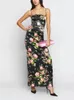 Casual Dresses Women Silk Sling Midi Dress 2024 Spring Retro Floral Print Sleeveless Back Slit Ladies Slim Fit Long Robes Vacation Style