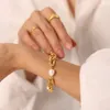 Strand Minar Dainty Natural Freshwater Pearl Wide Link Chain Armband For Women 18K Gold Pvd Plated rostfritt ståltillbehör