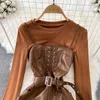 Casual Dresses Vintage Two Piece Set Pu Leather Dress Women Spring Autumn Spaghetti Strap With Belt Long Sundress Vestidos