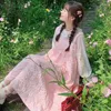 Arbeitskleider Japanische schöne Mädchen süße Puppe Kleid zweiteilige Sets weiße Spitzenblusen und Pick 3D-Blumen-Hosenträgerrock koreanische Mode