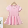 Girl Dresses Summer Solid Color Crewneck Short Sleeve A Line Knee Length Dress Simple Long Frocks For Girls 4 Years